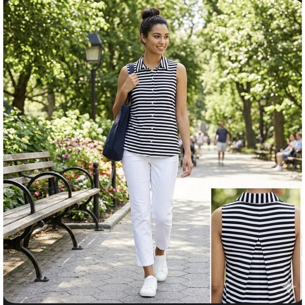 Notations Black White Striped Sleeveless Blouse Button Front Relaxed Flowy Top L
